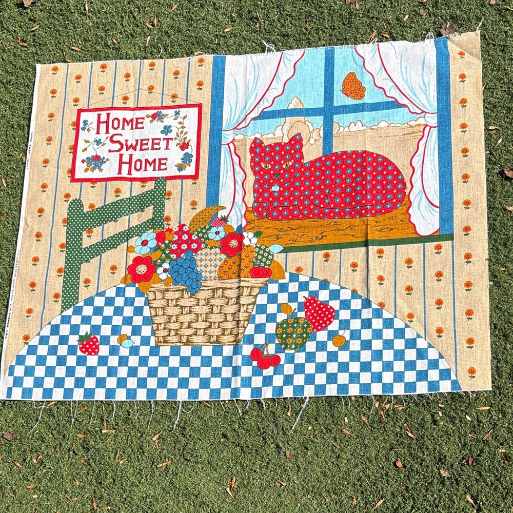 Vintage 70s Home Sweet Home Cat Screen Print Wall Hanging Textile by VIP Fabrics